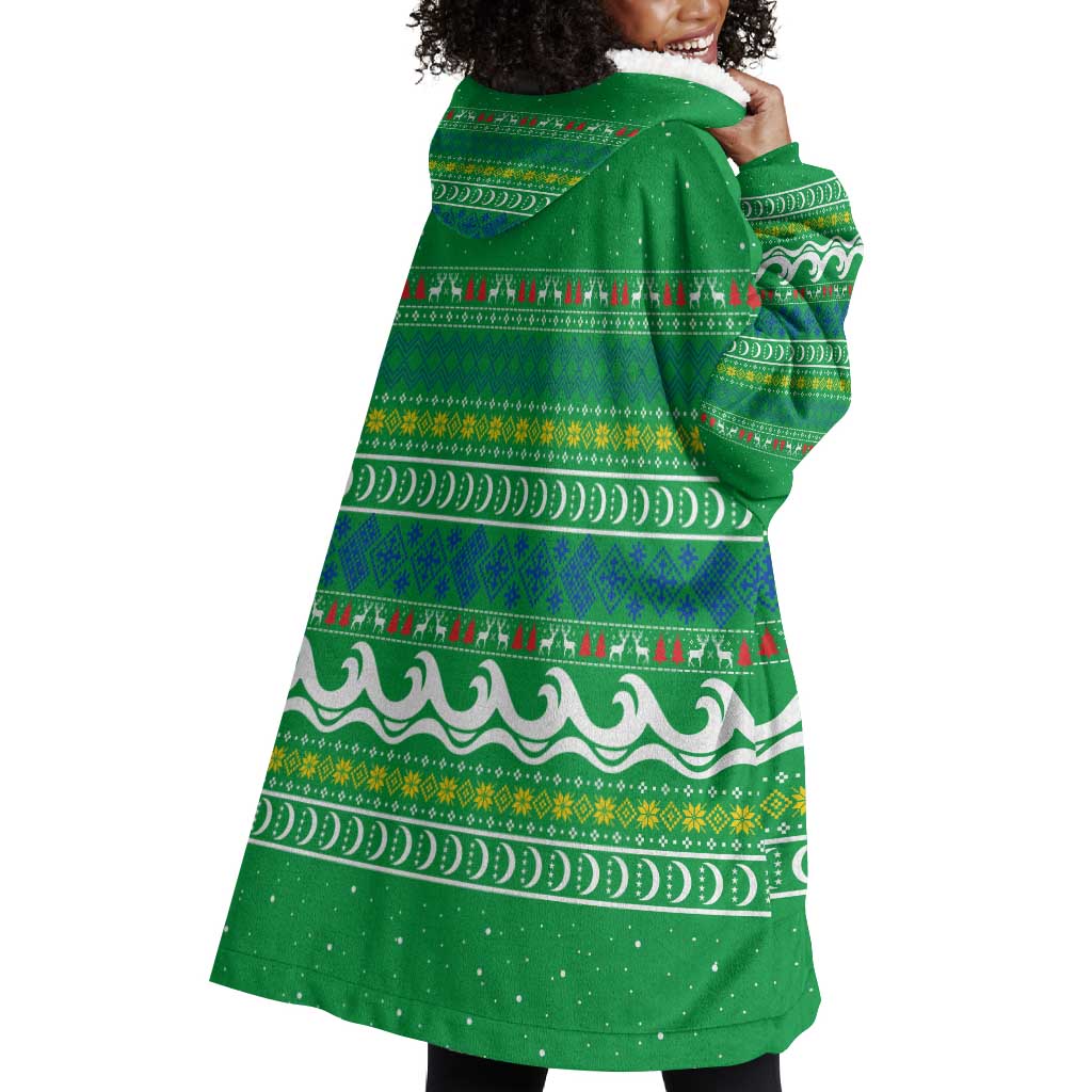 Comoros Christmas Wearable Blanket Hoodie Santa Riding Dolphin Ocean Waves Crescent Moon - African Pride