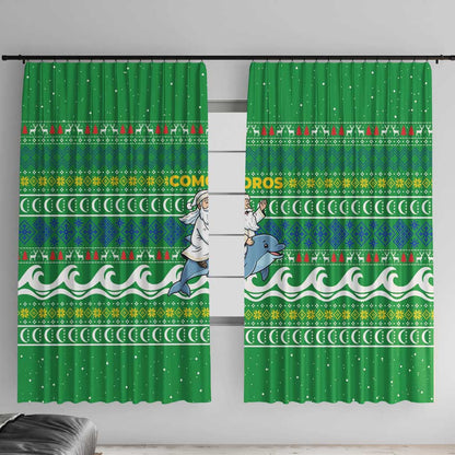 Comoros Christmas Window Curtain Santa Riding Dolphin Ocean Waves Crescent Moon - African Pride