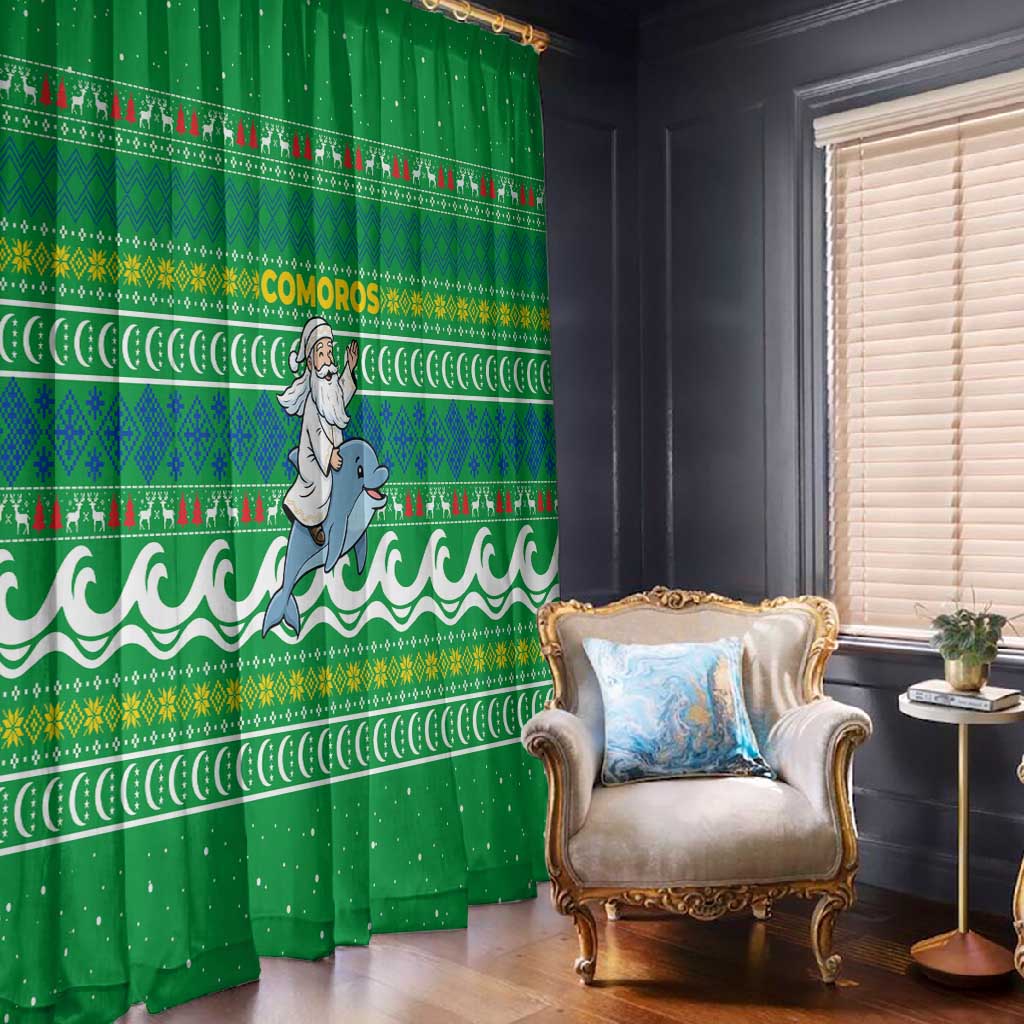 Comoros Christmas Window Curtain Santa Riding Dolphin Ocean Waves Crescent Moon - African Pride