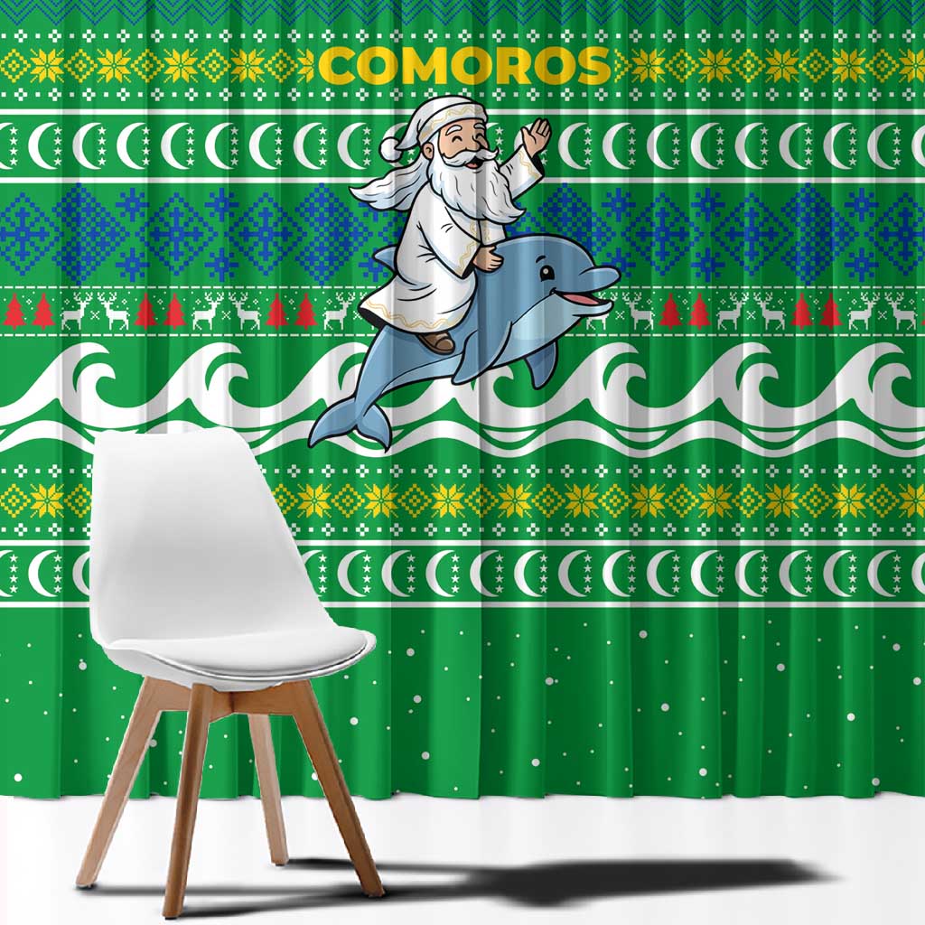 Comoros Christmas Window Curtain Santa Riding Dolphin Ocean Waves Crescent Moon - African Pride