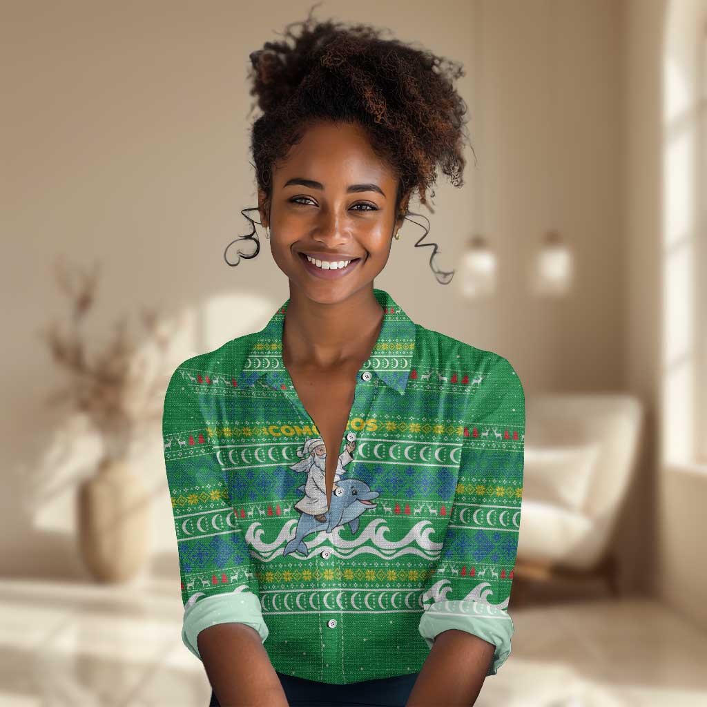 Comoros Christmas Women Casual Shirt Santa Riding Dolphin Ocean Waves Crescent Moon - African Pride