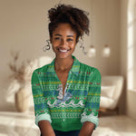 Comoros Christmas Women Casual Shirt Santa Riding Dolphin Ocean Waves Crescent Moon - African Pride