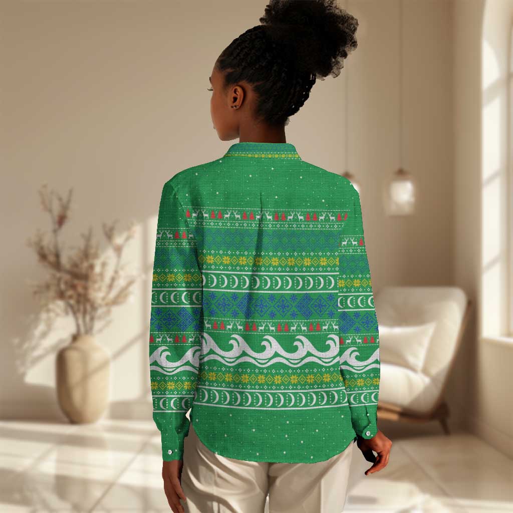 Comoros Christmas Women Casual Shirt Santa Riding Dolphin Ocean Waves Crescent Moon - African Pride