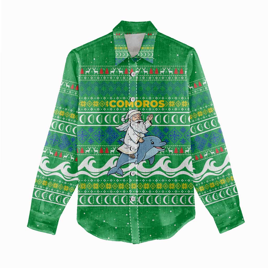 Comoros Christmas Women Casual Shirt Santa Riding Dolphin Ocean Waves Crescent Moon - African Pride