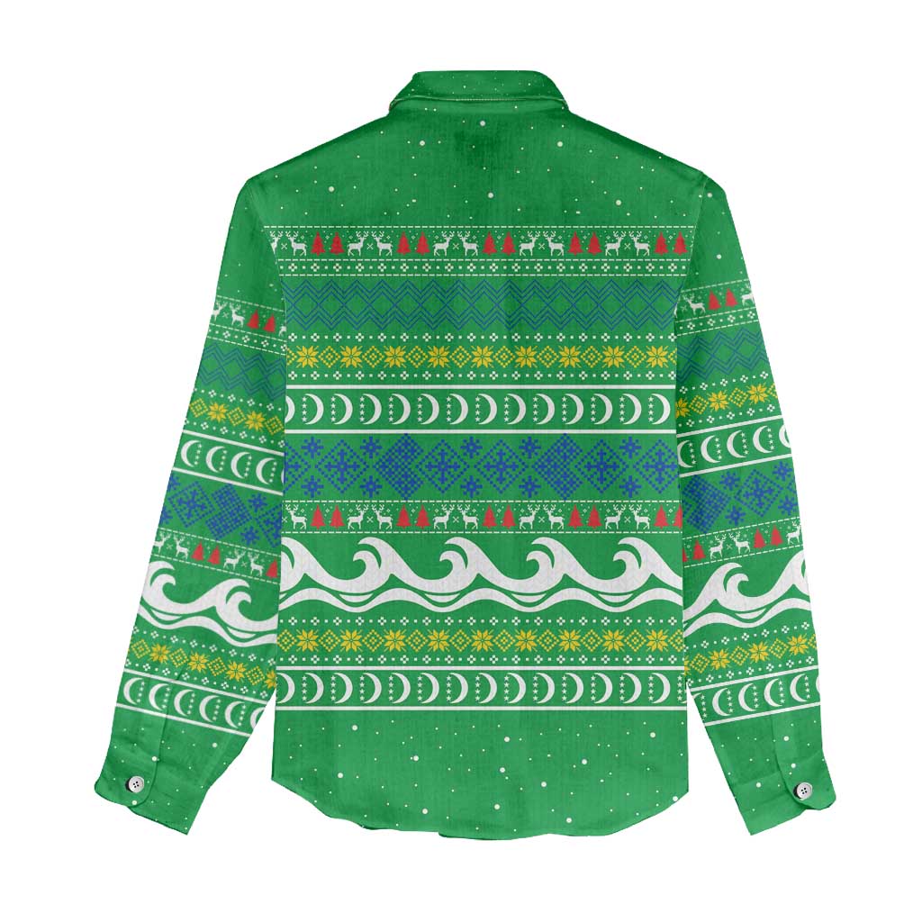 Comoros Christmas Women Casual Shirt Santa Riding Dolphin Ocean Waves Crescent Moon - African Pride