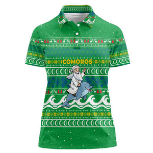 Comoros Christmas Women Polo Shirt Santa Riding Dolphin Ocean Waves Crescent Moon - African Pride