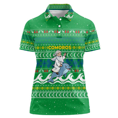 Comoros Christmas Women Polo Shirt Santa Riding Dolphin Ocean Waves Crescent Moon - African Pride