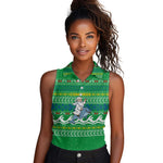 Comoros Christmas Women Sleeveless Polo Shirt Santa Riding Dolphin Ocean Waves Crescent Moon - African Pride