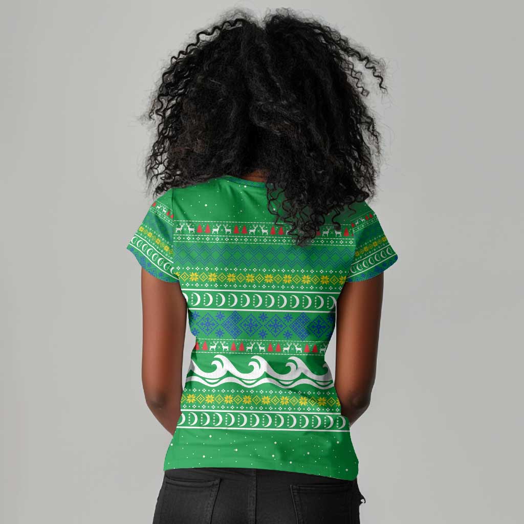 Comoros Christmas Women V-Neck T-Shirt Santa Riding Dolphin Ocean Waves Crescent Moon - African Pride