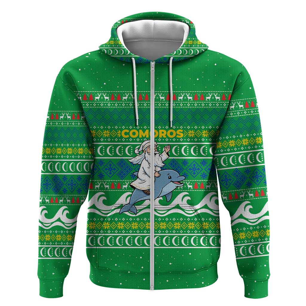 Comoros Christmas Zip Hoodie Santa Riding Dolphin Ocean Waves Crescent Moon - African Pride