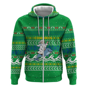 Comoros Christmas Zip Hoodie Santa Riding Dolphin Ocean Waves Crescent Moon - African Pride