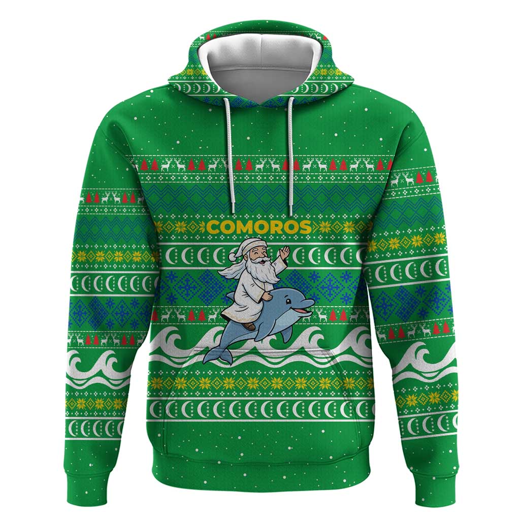 Comoros Christmas Zip Hoodie Santa Riding Dolphin Ocean Waves Crescent Moon - African Pride