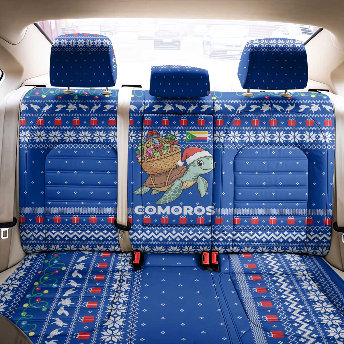 Comoros Christmas Back Car Seat Cover Santa Turtle Gifts Snowflakes and Ocean Blue - African Pride