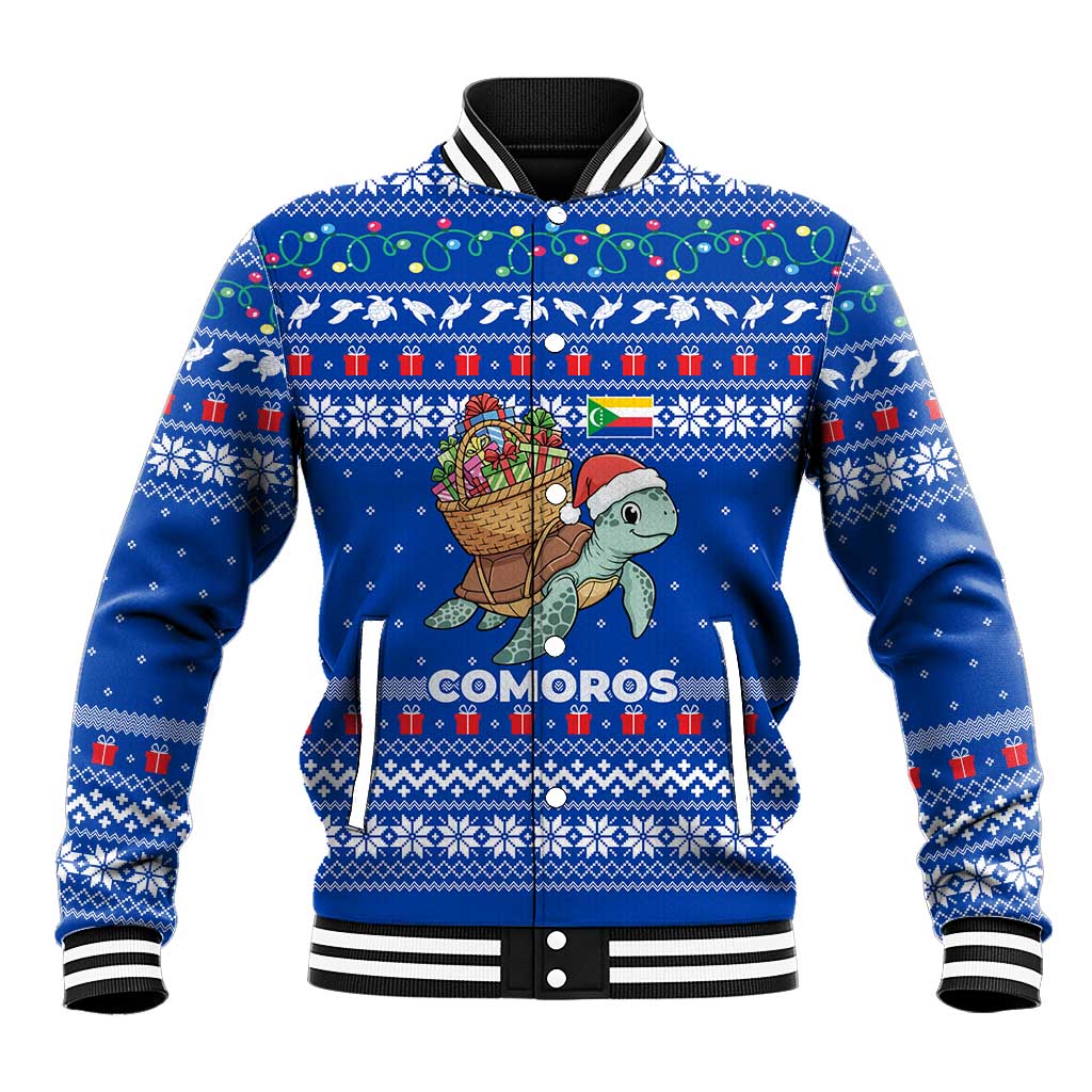 Comoros Christmas Baseball Jacket Santa Turtle Gifts Snowflakes and Ocean Blue - African Pride