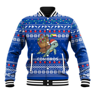 Comoros Christmas Baseball Jacket Santa Turtle Gifts Snowflakes and Ocean Blue - African Pride