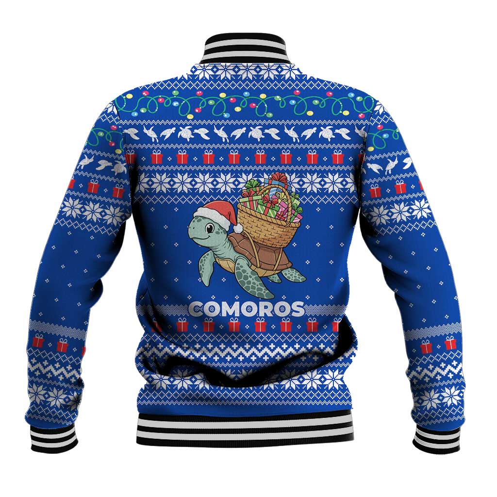 Comoros Christmas Baseball Jacket Santa Turtle Gifts Snowflakes and Ocean Blue - African Pride