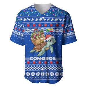 Comoros Christmas Baseball Jersey Santa Turtle Gifts Snowflakes and Ocean Blue - African Pride