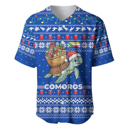 Comoros Christmas Baseball Jersey Santa Turtle Gifts Snowflakes and Ocean Blue - African Pride