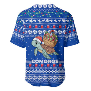Comoros Christmas Baseball Jersey Santa Turtle Gifts Snowflakes and Ocean Blue - African Pride