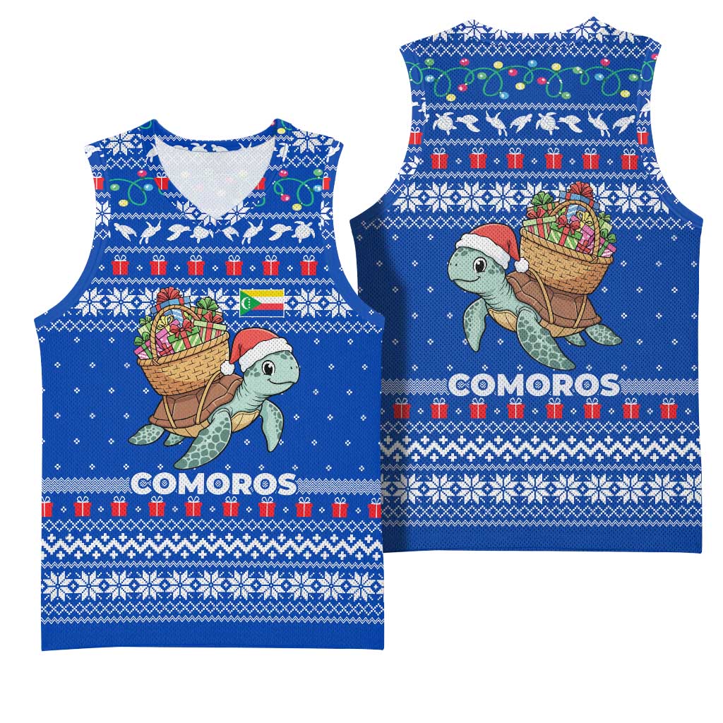 Comoros Christmas Basketball Jersey Santa Turtle Gifts Snowflakes and Ocean Blue - African Pride