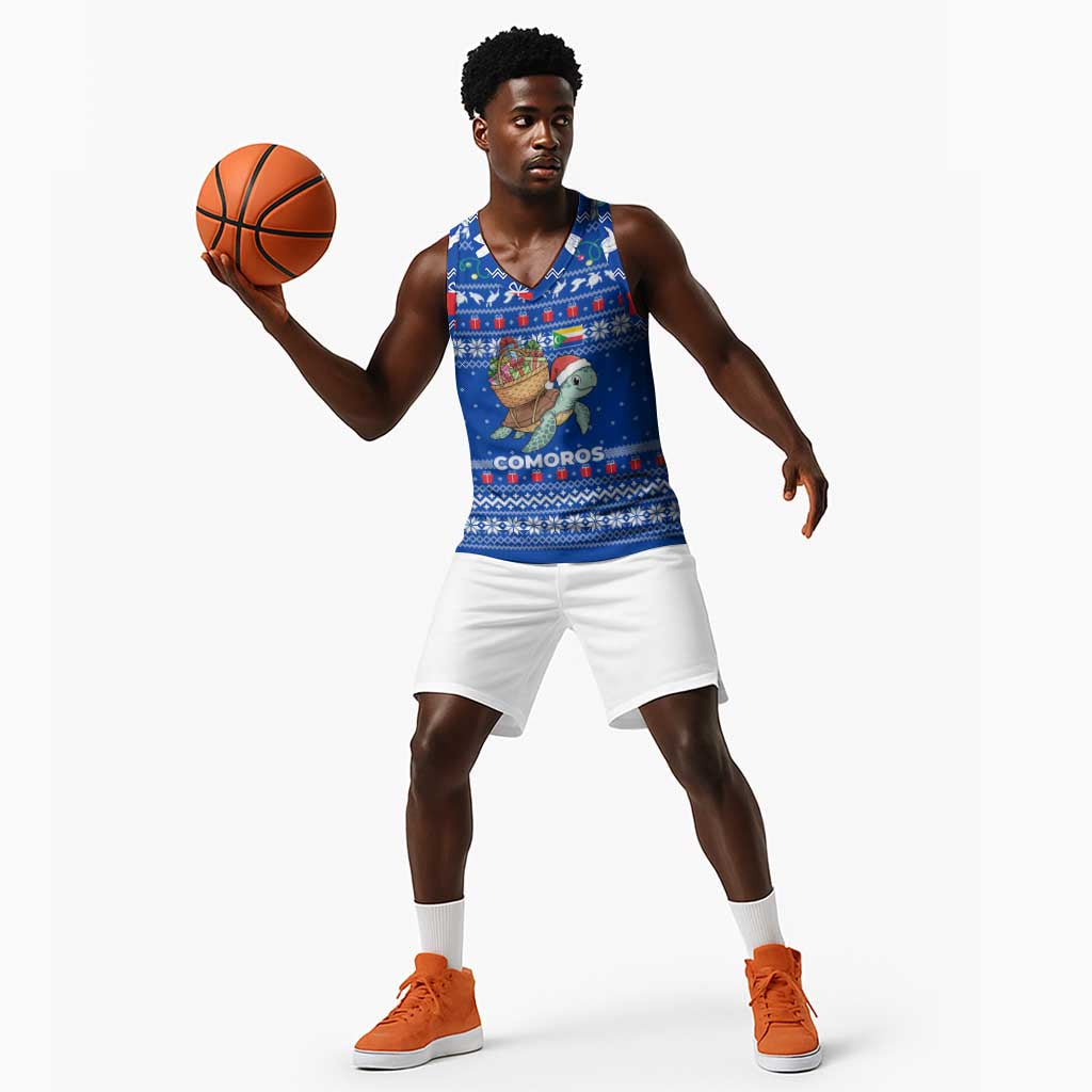 Comoros Christmas Basketball Jersey Santa Turtle Gifts Snowflakes and Ocean Blue - African Pride