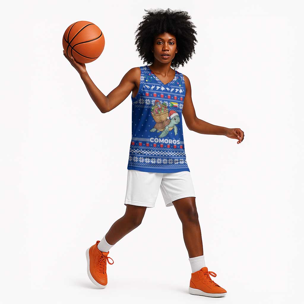 Comoros Christmas Basketball Jersey Santa Turtle Gifts Snowflakes and Ocean Blue - African Pride