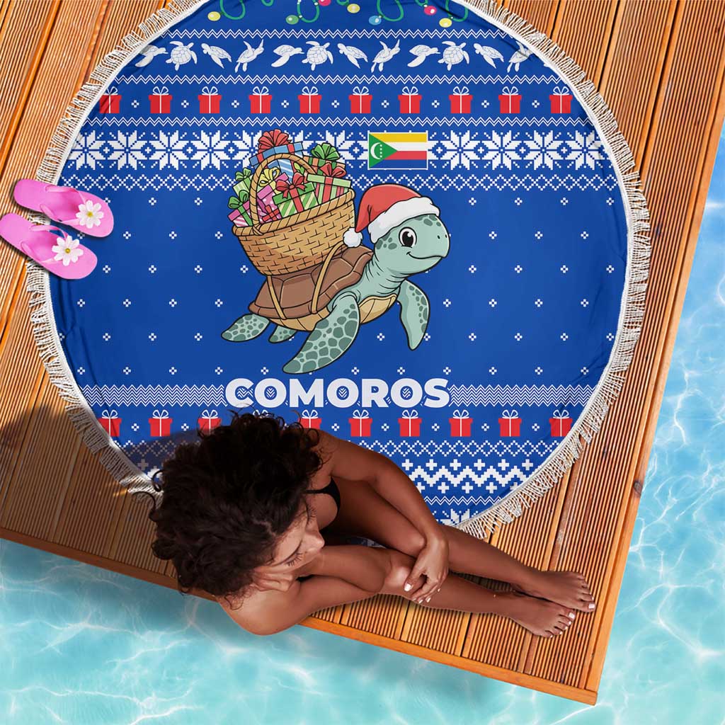 Comoros Christmas Beach Blanket Santa Turtle Gifts Snowflakes and Ocean Blue - African Pride