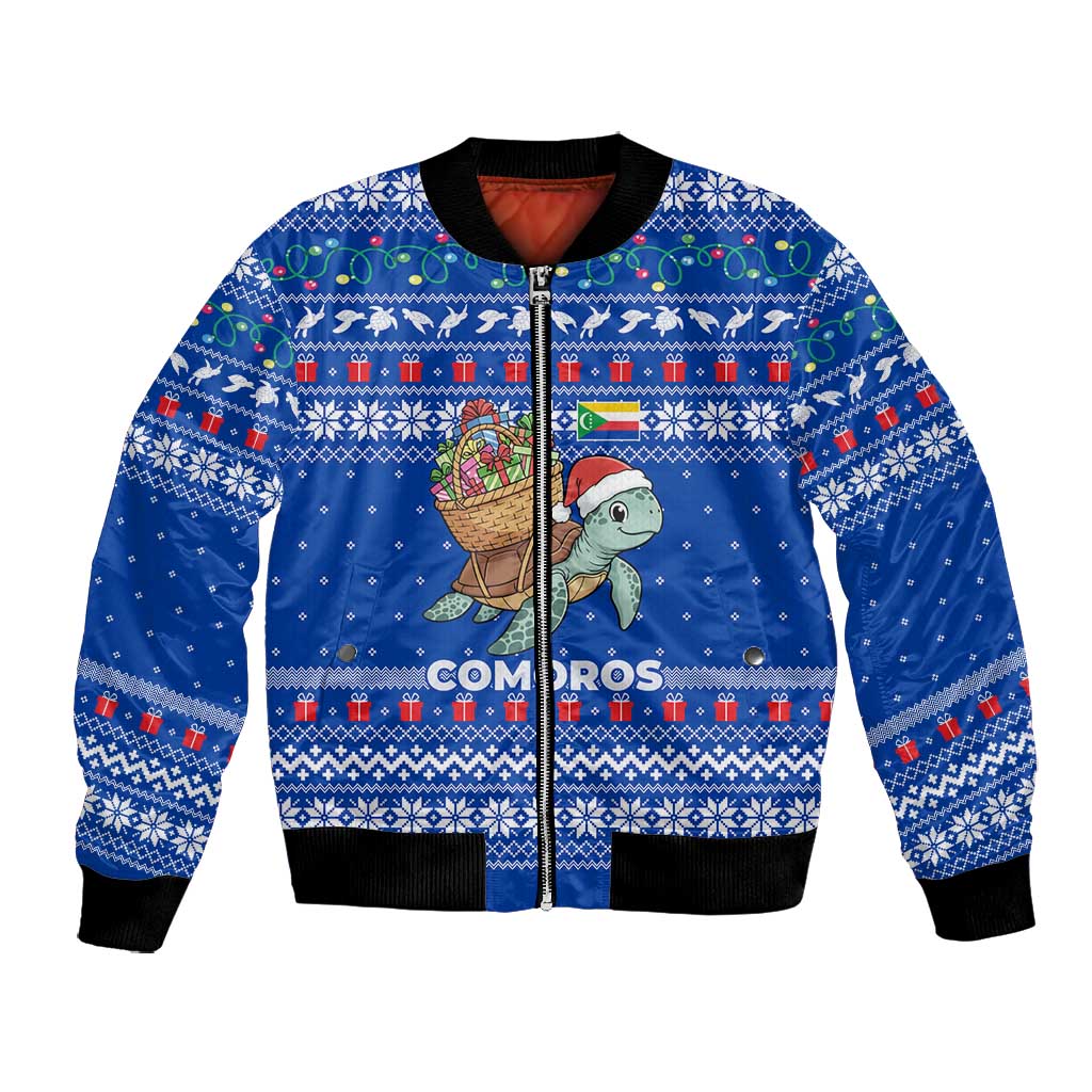 Comoros Christmas Bomber Jacket Santa Turtle Gifts Snowflakes and Ocean Blue - African Pride