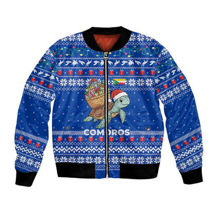 Comoros Christmas Bomber Jacket Santa Turtle Gifts Snowflakes and Ocean Blue - African Pride