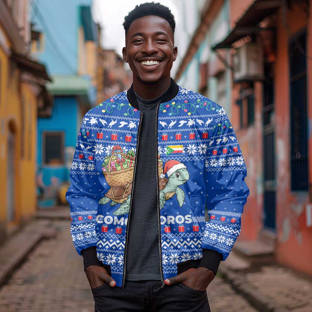 Comoros Christmas Bomber Jacket Santa Turtle Gifts Snowflakes and Ocean Blue - African Pride