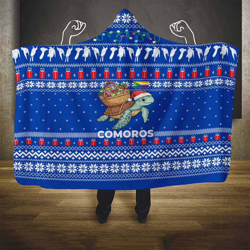 Comoros Christmas Hooded Blanket Santa Turtle Gifts Snowflakes and Ocean Blue - African Pride