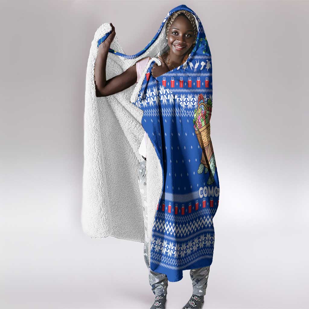 Comoros Christmas Hooded Blanket Santa Turtle Gifts Snowflakes and Ocean Blue - African Pride