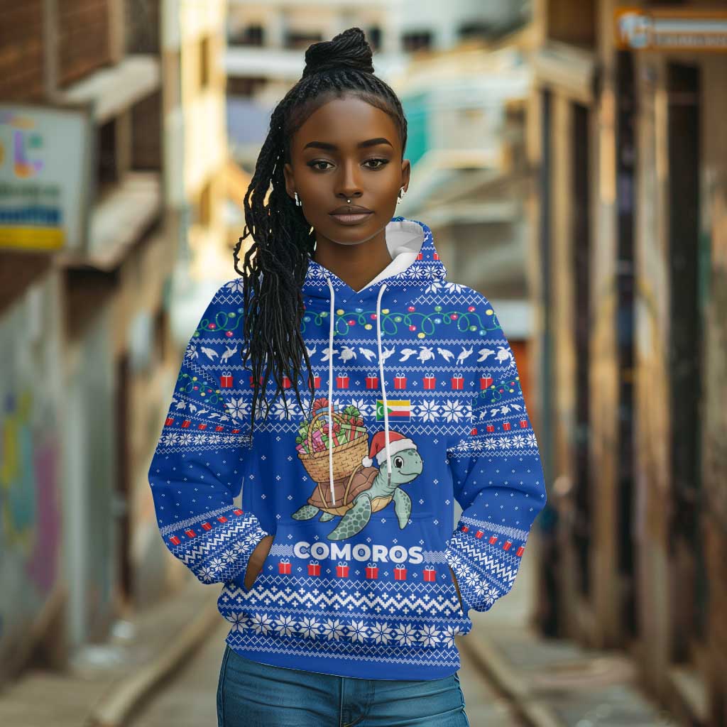 Comoros Christmas Hoodie Santa Turtle Gifts Snowflakes and Ocean Blue - African Pride