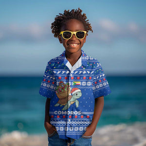 Comoros Christmas Kid Hawaiian Shirt Santa Turtle Gifts Snowflakes and Ocean Blue - African Pride