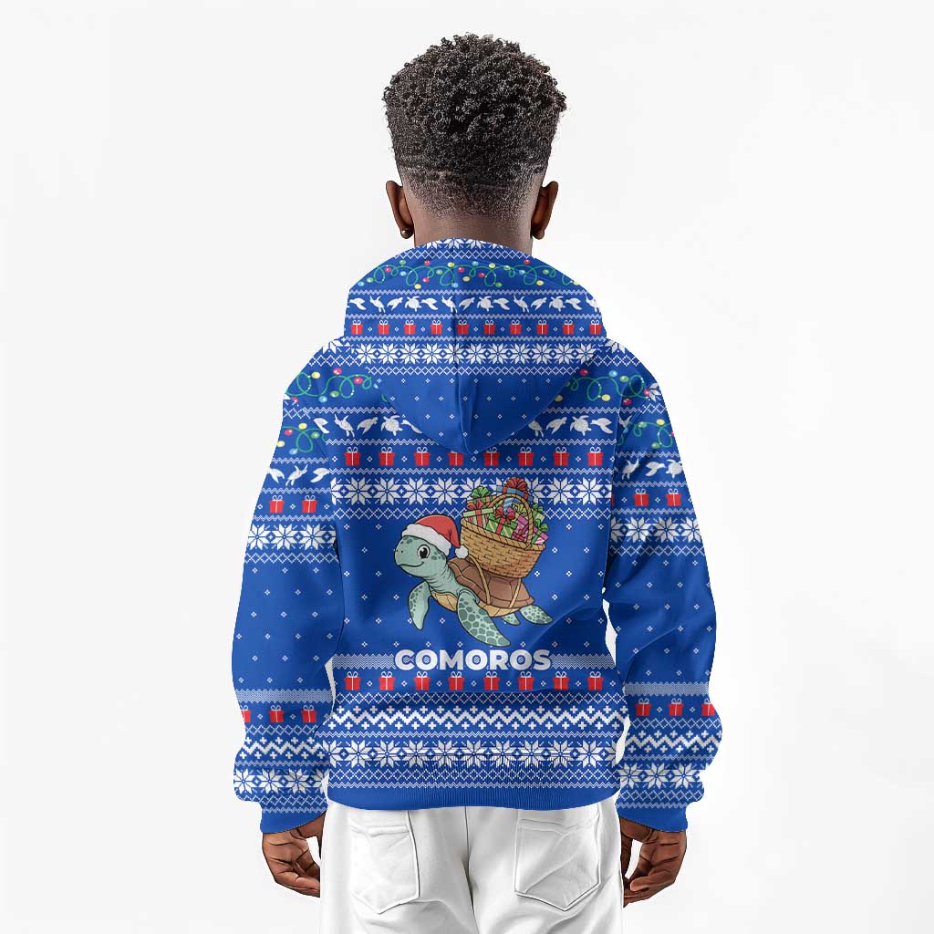 Comoros Christmas Kid Hoodie Santa Turtle Gifts Snowflakes and Ocean Blue - African Pride