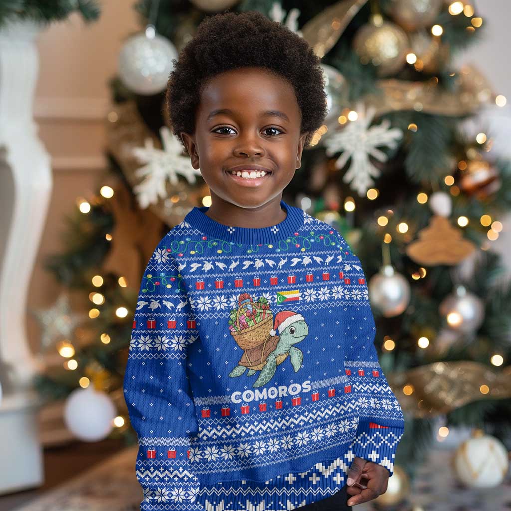 Comoros Christmas Kid Ugly Christmas Sweater Santa Turtle Gifts Snowflakes and Ocean Blue - African Pride