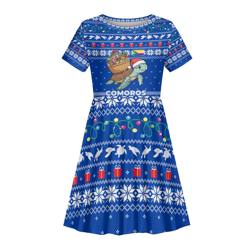 Comoros Christmas Kid Short Sleeve Dress Santa Turtle Gifts Snowflakes and Ocean Blue - African Pride