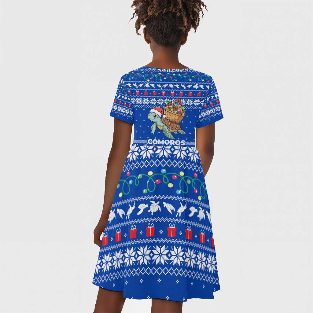 Comoros Christmas Kid Short Sleeve Dress Santa Turtle Gifts Snowflakes and Ocean Blue - African Pride