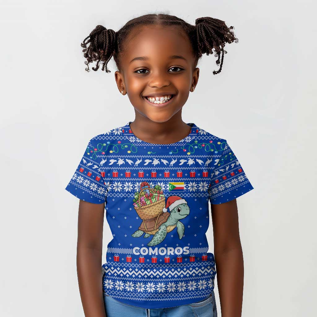 Comoros Christmas Kid T shirt Santa Turtle Gifts Snowflakes and Ocean Blue - African Pride