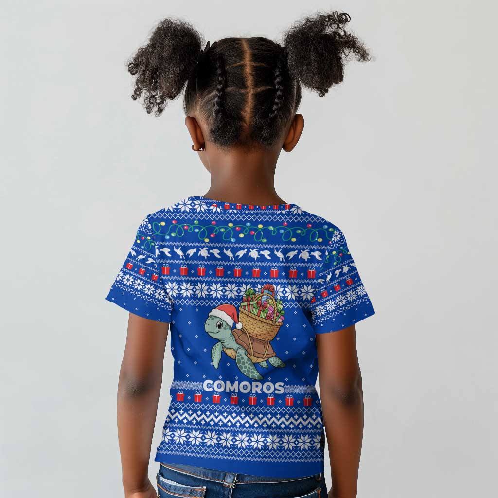 Comoros Christmas Kid T shirt Santa Turtle Gifts Snowflakes and Ocean Blue - African Pride