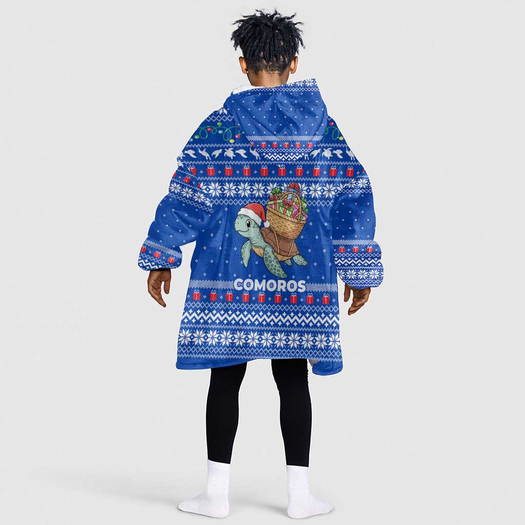Comoros Christmas Kid Wearable Blanket Hoodie Santa Turtle Gifts Snowflakes and Ocean Blue - African Pride