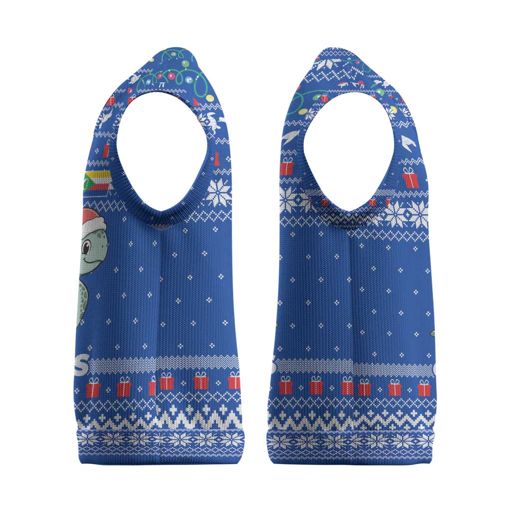 Comoros Christmas Knitted V-Neck Vest Santa Turtle Gifts Snowflakes and Ocean Blue - African Pride