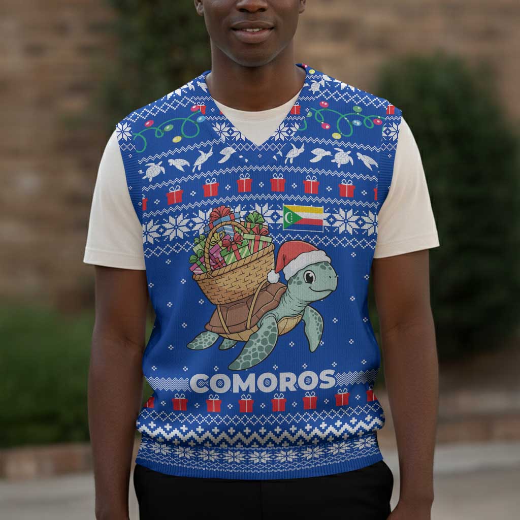 Comoros Christmas Knitted V-Neck Vest Santa Turtle Gifts Snowflakes and Ocean Blue - African Pride