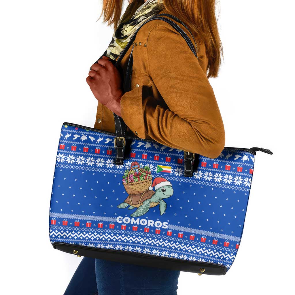 Comoros Christmas Leather Tote Bag Santa Turtle Gifts Snowflakes and Ocean Blue - African Pride