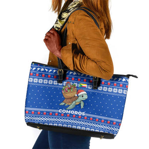 Comoros Christmas Leather Tote Bag Santa Turtle Gifts Snowflakes and Ocean Blue - African Pride