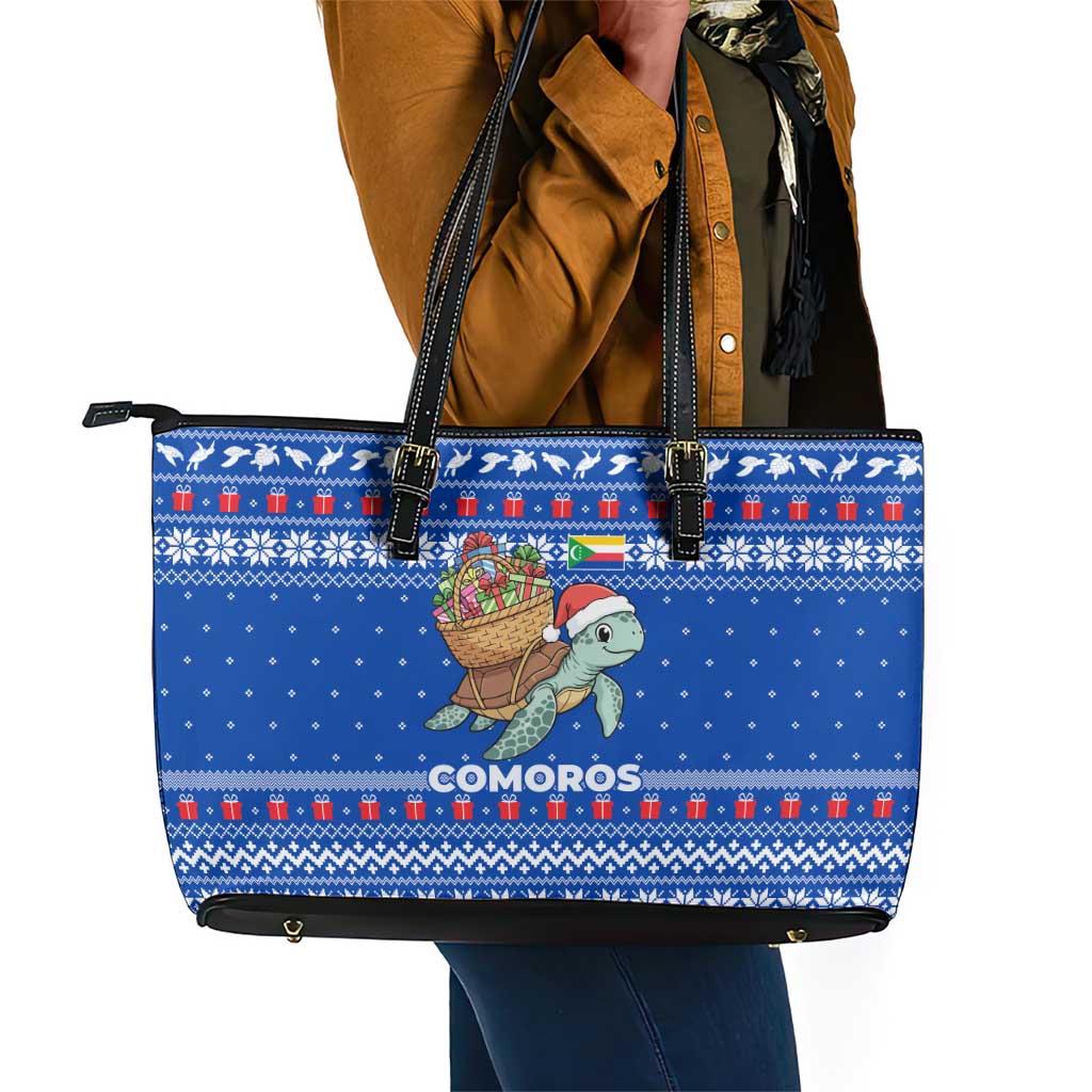 Comoros Christmas Leather Tote Bag Santa Turtle Gifts Snowflakes and Ocean Blue - African Pride