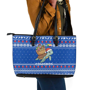Comoros Christmas Leather Tote Bag Santa Turtle Gifts Snowflakes and Ocean Blue - African Pride