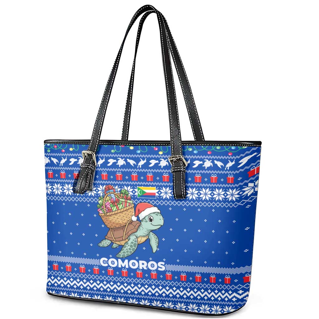 Comoros Christmas Leather Tote Bag Santa Turtle Gifts Snowflakes and Ocean Blue - African Pride