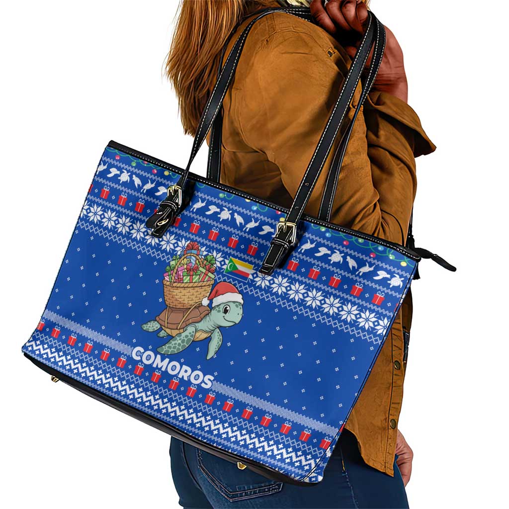 Comoros Christmas Leather Tote Bag Santa Turtle Gifts Snowflakes and Ocean Blue - African Pride