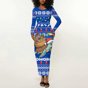 Comoros Christmas Long Sleeve Bodycon Dress Santa Turtle Gifts Snowflakes and Ocean Blue - African Pride